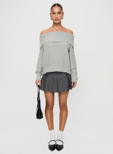 side view of model wearing Princess Polly Parkley Boucle Off The Shoulder Sweater Grey Marle Jumpers 