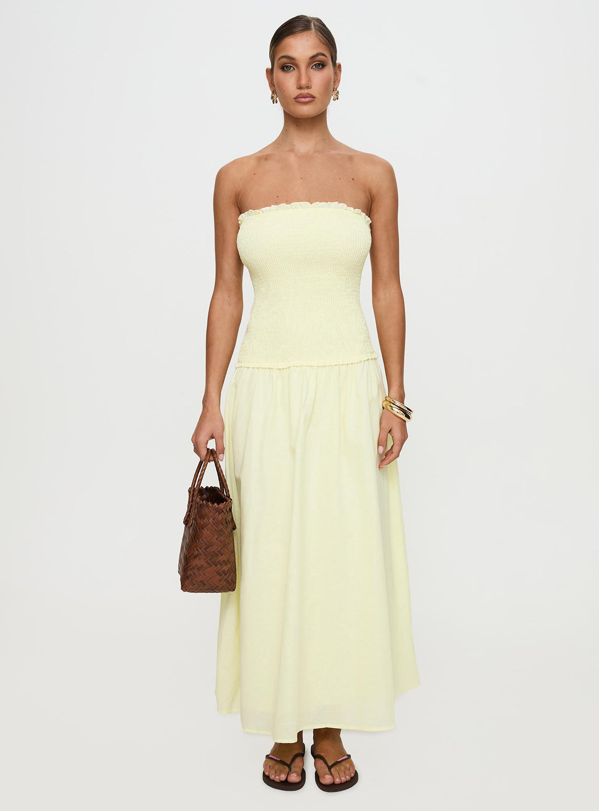 front view of model wearing Princess Polly Tinsie Strapless Maxi Dress Yellow Straight Neck 