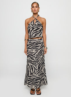 side view of model wearing Princess Polly Eleganza Top Zebra Sleeveless Cowl 