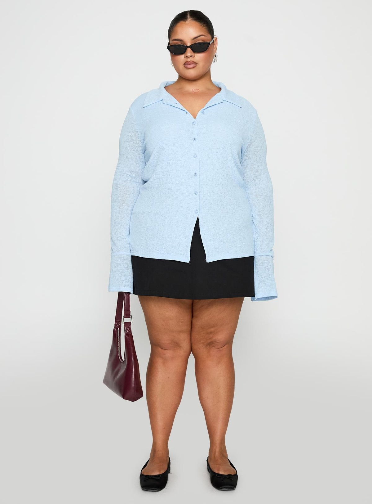 back view of model wearing Princess Polly Finnean Long Sleeve Top Pale Blue Curve Full Sleeves V-Neck 