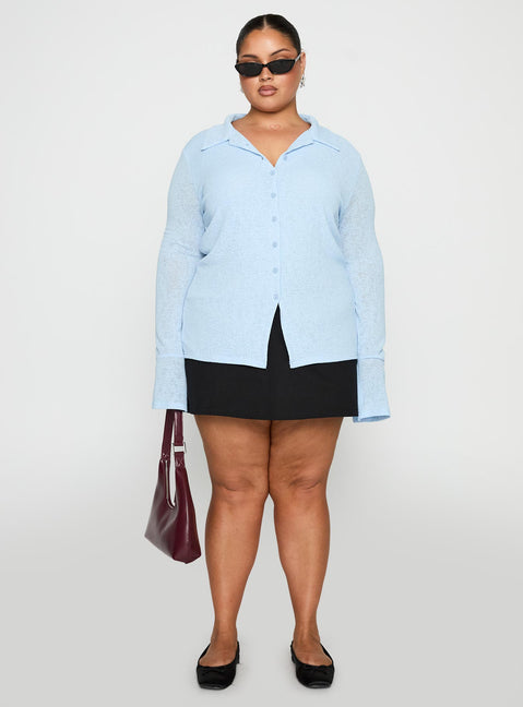 back view of model wearing Princess Polly Finnean Long Sleeve Top Pale Blue Curve Full Sleeves V-Neck 