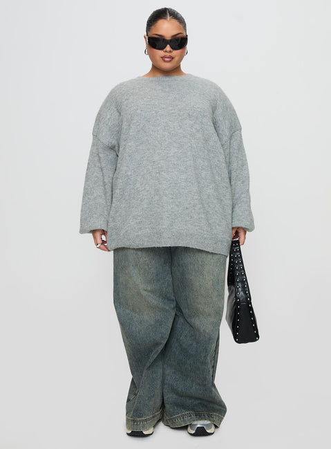 front view of model wearing Princess Polly Ryanna Sweater Grey Curve Longline Jumpers Jumpers 