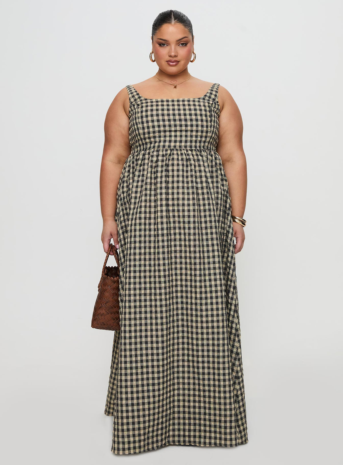 side view of model wearing Princess Polly Cartmel Check Maxi Dress Black / Cream Curve Square Neck 