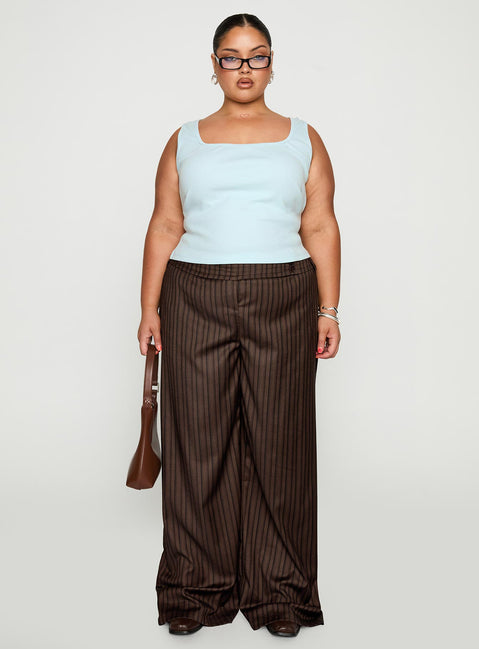 back view of model wearing Princess Polly Cedars Low Rise Pant Brown Stripe Curve Low Rise Pants Pants 