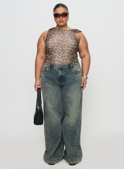 Ribbon Stamp Low Rise Wide Leg Jeans Antique Wash Curve High Rise Jeans Jeans 