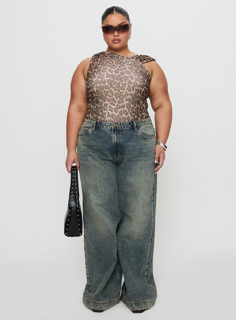 Ribbon Stamp Low Rise Wide Leg Jeans Antique Wash Curve High Rise Jeans Jeans 