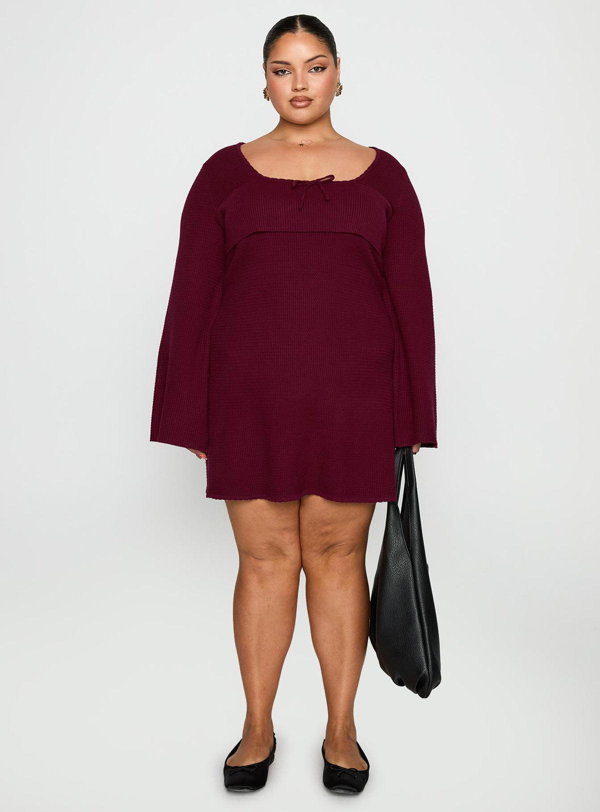 front view of model wearing Princess Polly Sandyra Knit Mini Dress Maroon Curve Square Neck 