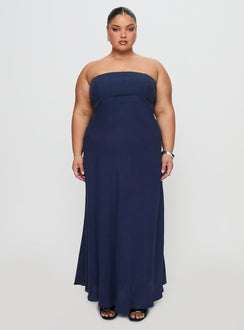 front view of model wearing Princess Polly Yahir Strapless Maxi Dress Navy Curve Straight Neck 