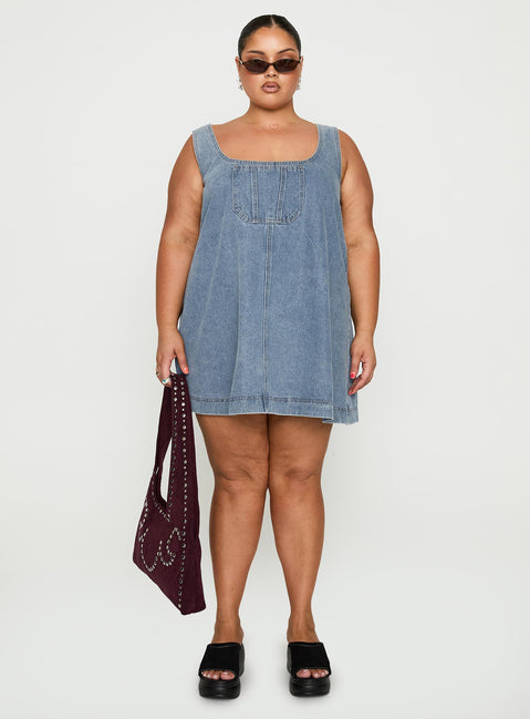 back view of model wearing Princess Polly State Of Mind Mini Dress Blue Denim Curve Scoop Neck 