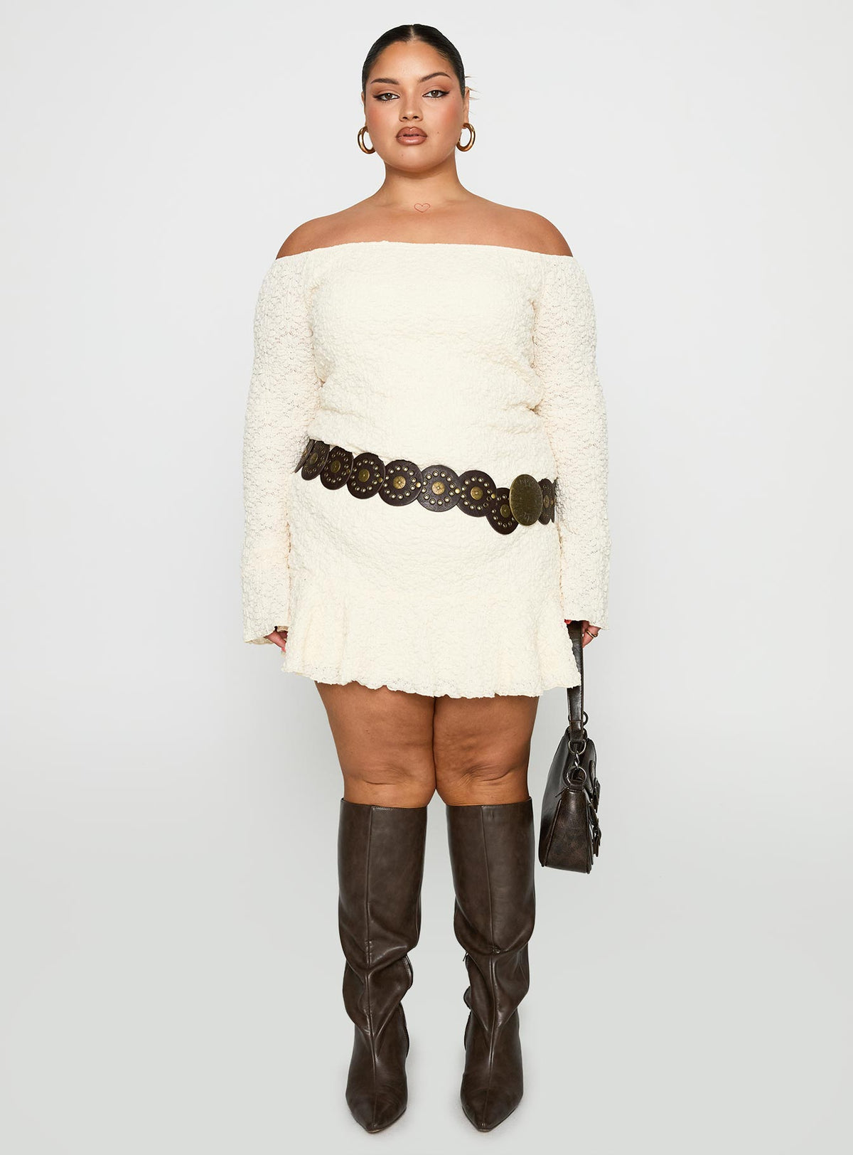 front view of model wearing Princess Polly Vancesca Strapless Mini Dress Cream Curve Straight Neck 