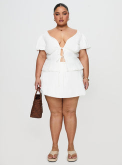back view of model wearing Princess Polly Wilhelmina Blouse Top White Curve Short Sleeves Plunger 