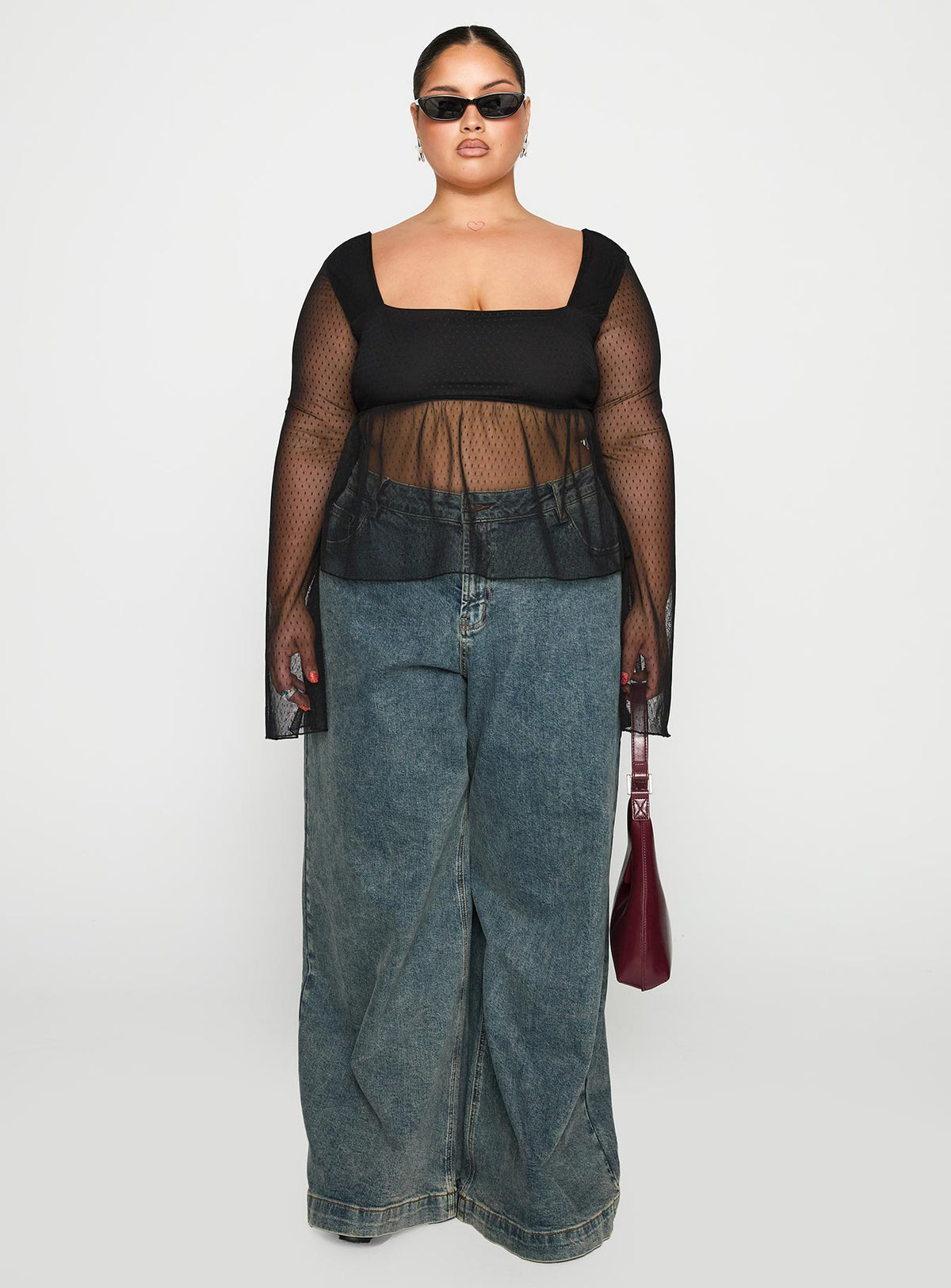 front view of model wearing Princess Polly Fiorello Long Sleeve Top Black Curve Full Sleeves Square Neck 