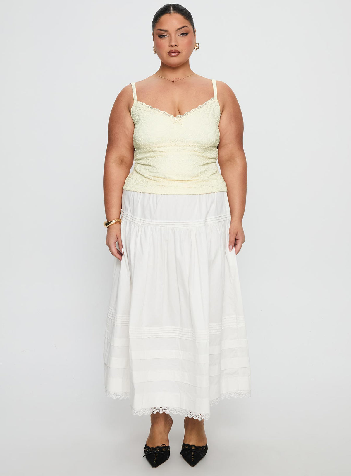   front view of model wearing Princess Polly Calling For You Flowy Maxi Skirt White Curve Maxi Skirts Skirts 