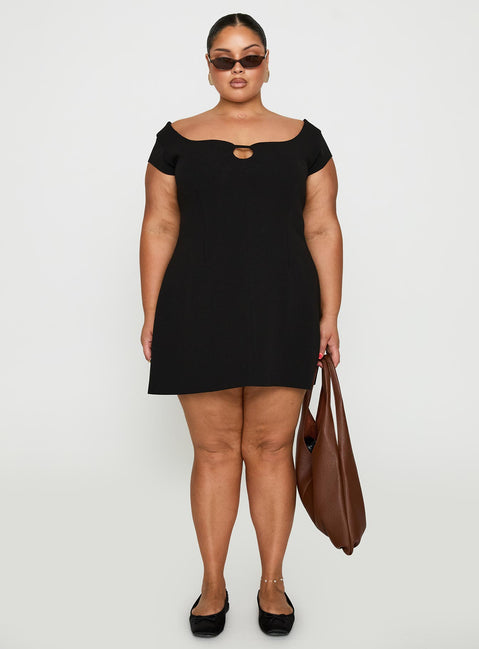 front view of model wearing Princess Polly Sylvette Mini Dress Black Curve Scoop Neck 
