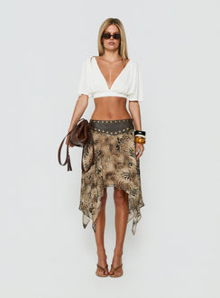 Shop the Dark Mirage Asymmetrical Midi Skirt in Leopard print with relaxed fit and belt detail front view of model wearing Princess Polly