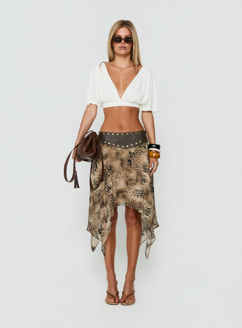 Shop the Dark Mirage Asymmetrical Midi Skirt in Leopard print with relaxed fit and belt detail front view of model wearing Princess Polly
