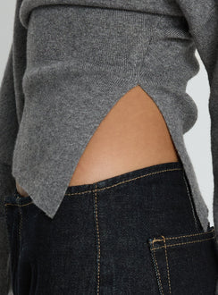 Highlighting the Kaelith Off shoulder Knit Sweater Dark Grey in womens-jumpers with short length and boat neckline detail Princess Polly