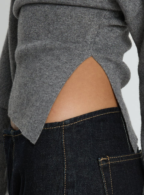 Highlighting the Kaelith Off shoulder Knit Sweater Dark Grey in womens-jumpers with short length and boat neckline detail Princess Polly