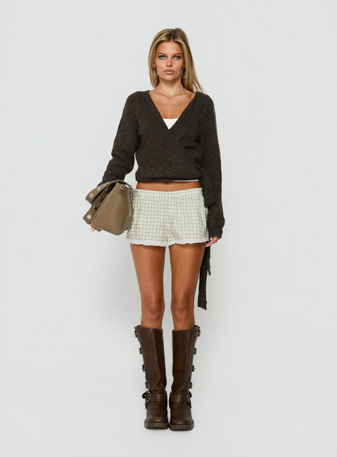 Featuring the Tonee Wrap Knit Cardigan in Chocolate womens jumpers with short length front view of model wearing Princess Polly