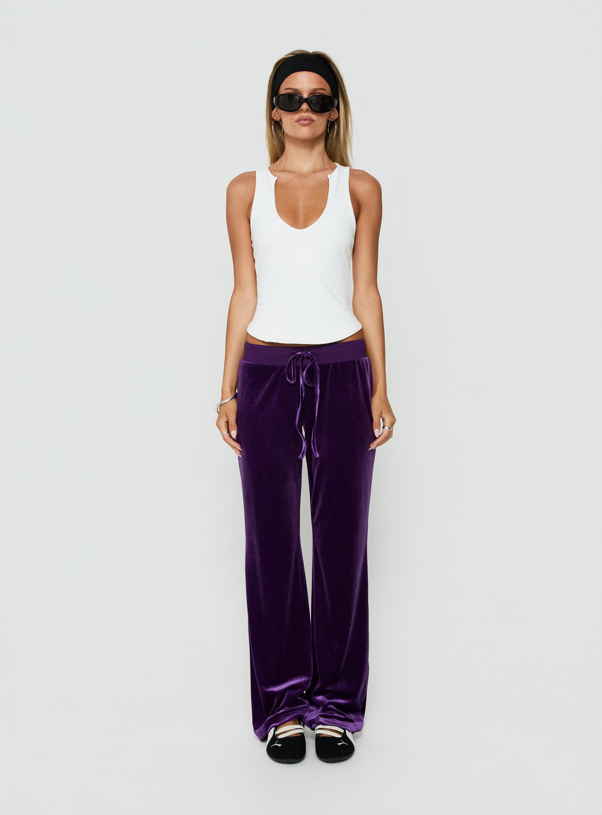 Showcasing the Alba Track Pant Plum in womens-regular-pants with mid-rise front view of model wearing Princess Polly