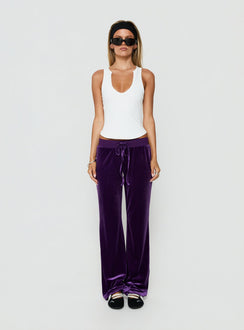 Showcasing the Alba Track Pant Plum in womens-regular-pants with mid-rise front view of model wearing Princess Polly