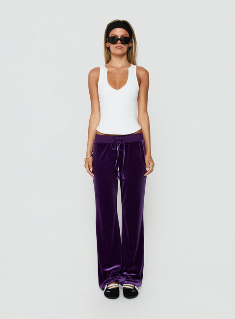 Showcasing the Alba Track Pant Plum in womens-regular-pants with mid-rise front view of model wearing Princess Polly