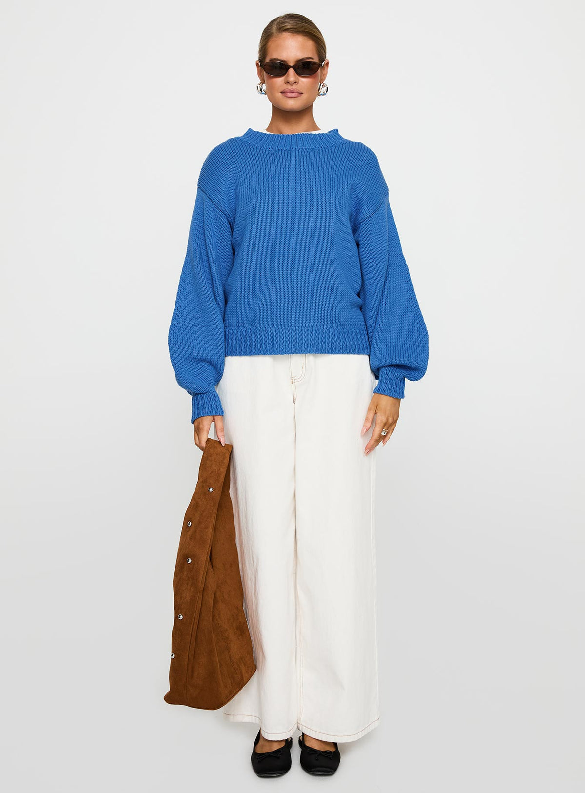 Featuring the Harmony Balloon Sleeve Knit Sweater Blue womens jumpers in short length front view of model wearing Princess Polly
