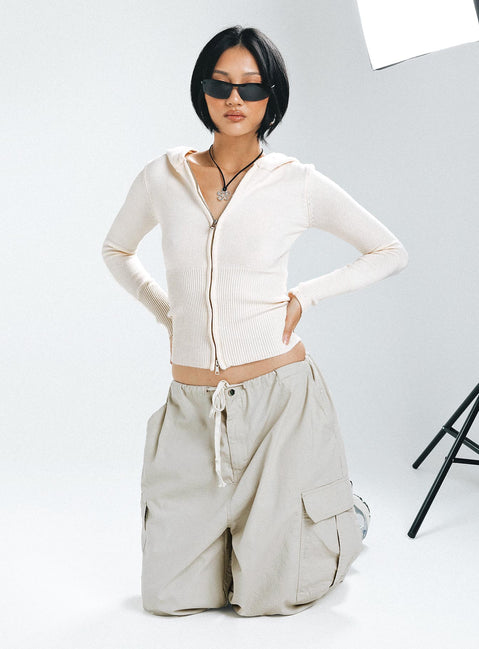 front view of model wearing Princess Polly Elingford Zip Up Hooded Sweater Cream Jumpers 