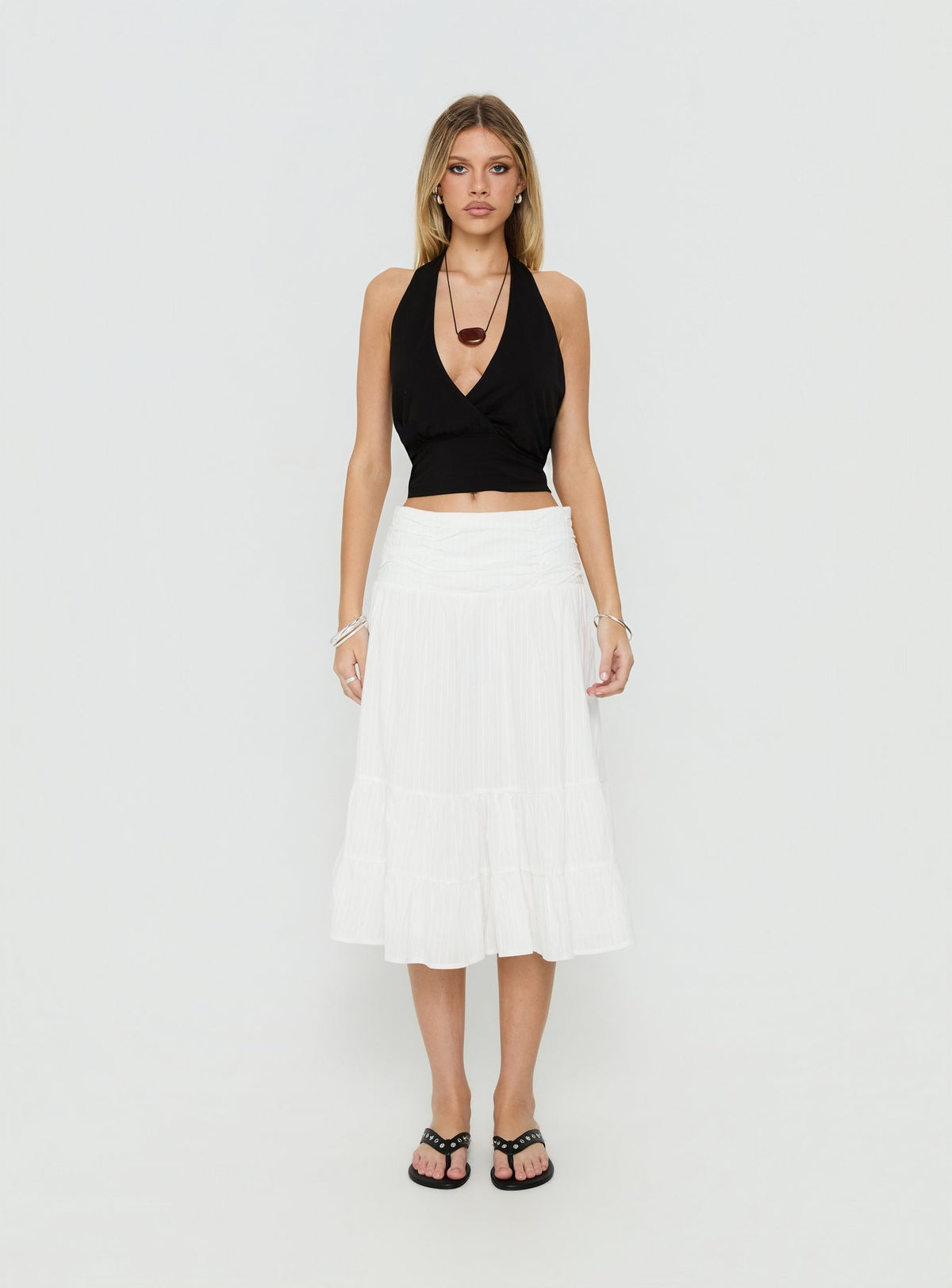 Featuring the Silver Springs Midi Skirt White in womens-skirts with midi length front view of model wearing Princess Polly