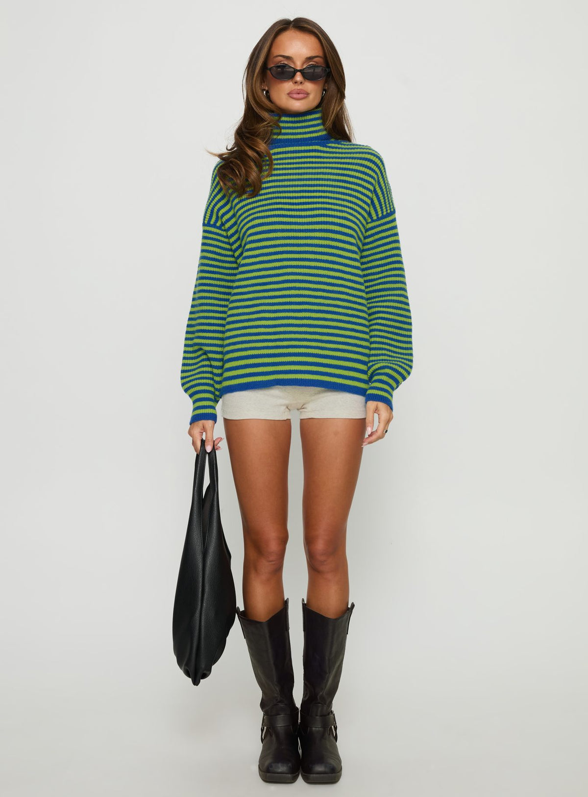 side view of model wearing Princess Polly Lancelot Turtle Neck Oversized Jumper Green Stripe Longline Jumpers Jumpers 