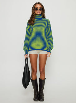 side view of model wearing Princess Polly Lancelot Turtle Neck Oversized Jumper Green Stripe Longline Jumpers Jumpers 