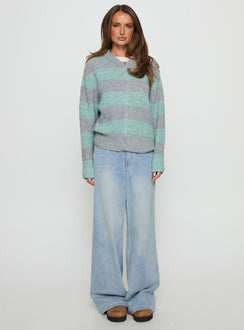 front view of model wearing Princess Polly Queena Zip Through Knit Sweater Grey / Blue Stripe Cropped Jumpers Jumpers 