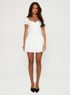 side view of model wearing Princess Polly Bluegrove Mini Dress White Sweetheart Neckline 
