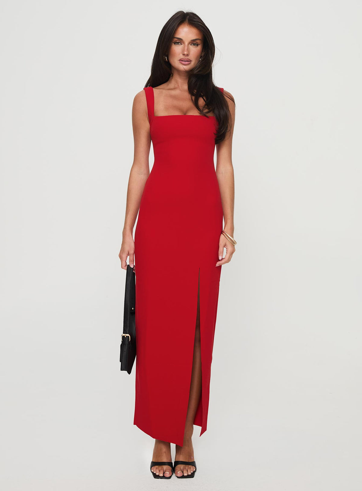 side view of model wearing Princess Polly Bombshell Maxi Dress Red Square Neck 
