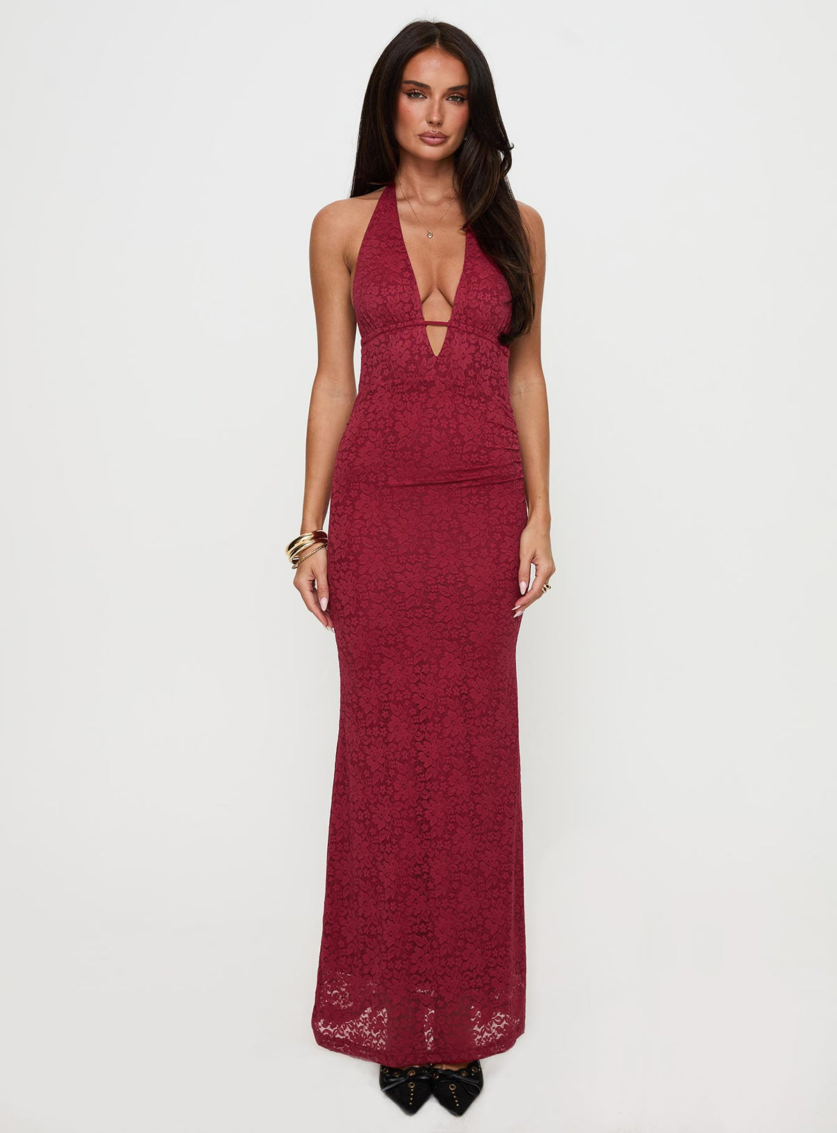side view of model wearing Princess Polly Karmyn Plunge Maxi Dress Red Plunger 