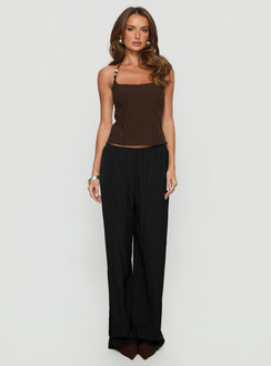 front view of model wearing Princess Polly Breina Satin Straight Leg Pants Black High Rise Pants Pants 