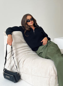 front view of model wearing Princess Polly Ferry Zip Front Sweater Black Lower Impact Cropped Jumpers Jumpers 