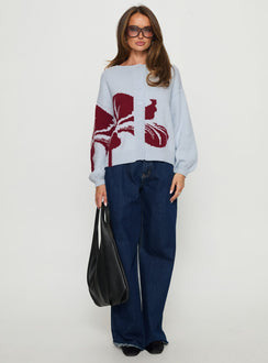 front view of model wearing Princess Polly Jalenn Floral Knit Cardigan Blue / Red Cropped Jumpers Jumpers 