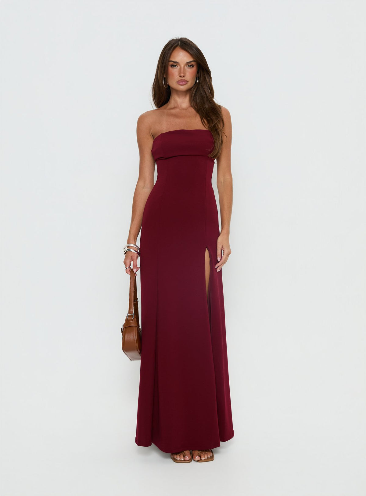Diamanti Strapless High Slit Maxi Dress Burgundy