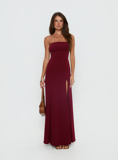 Diamanti Strapless High Slit Maxi Dress Burgundy