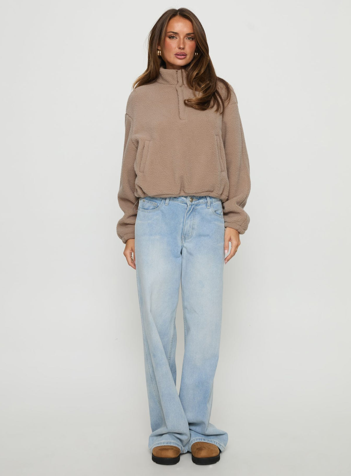 front view of model wearing Princess Polly Icy Days Fleece Quarter Zip Jumper Light Brown Cropped Jumpers Jumpers 