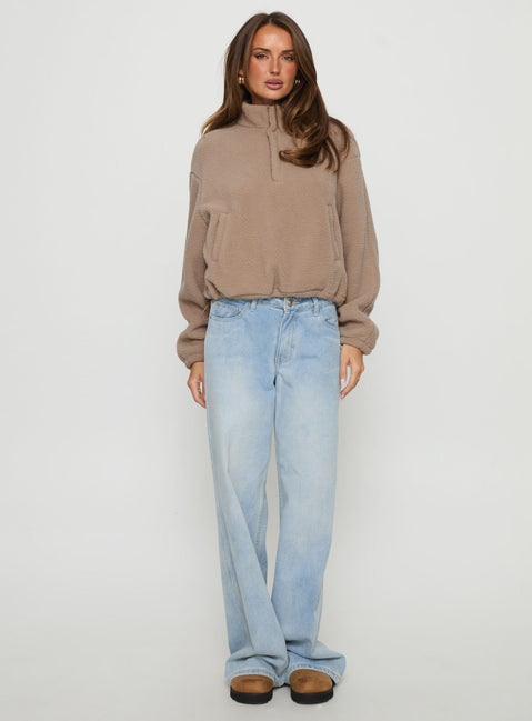 front view of model wearing Princess Polly Icy Days Fleece Quarter Zip Jumper Light Brown Cropped Jumpers Jumpers 