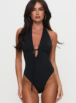 front view of model wearing Princess Polly Two Summers Plunge Neck Bodysuit Black Sleeveless Bodysuit 