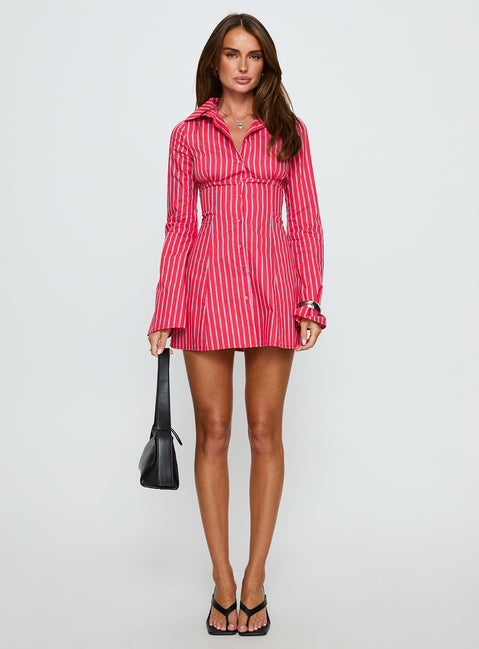 Tawni Long Sleeve Shirt Mini Dress Red Stripe