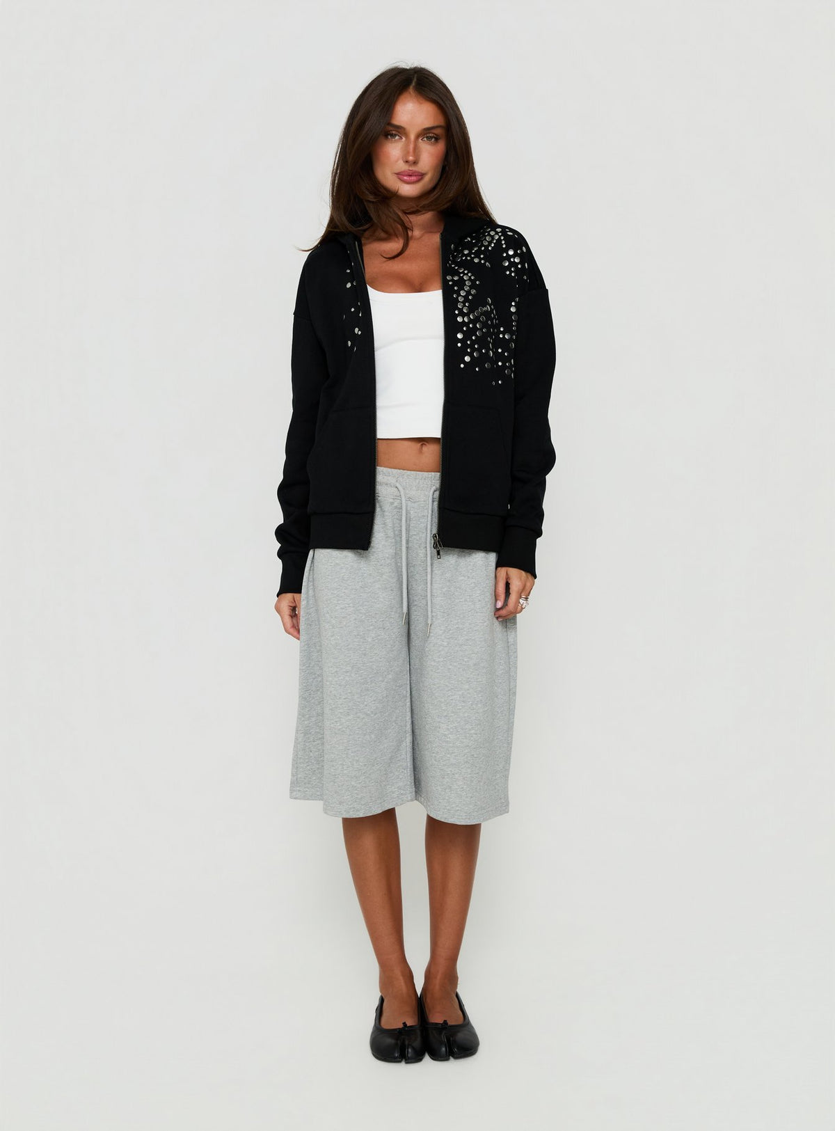 Discover the All Day Studded Oversized Hoodie Black womens-jumpers in short length front view of model wearing Princess Polly