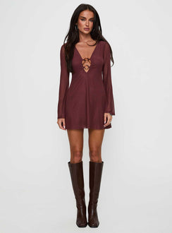 back view of model wearing Princess Polly Artique Long Sleeve Mini Dress Brown Plunger 