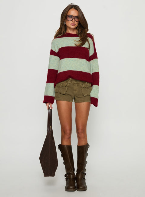 front view of model wearing Princess Polly Nesha Fluffy Knit Sweater Red / Blue Stripe Jumpers 