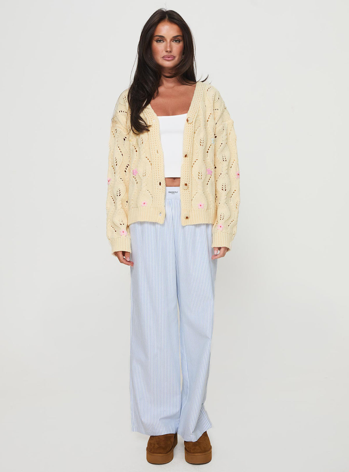 front view of model wearing Princess Polly Daffodil Cardigan Cream Cropped Jumpers Jumpers 