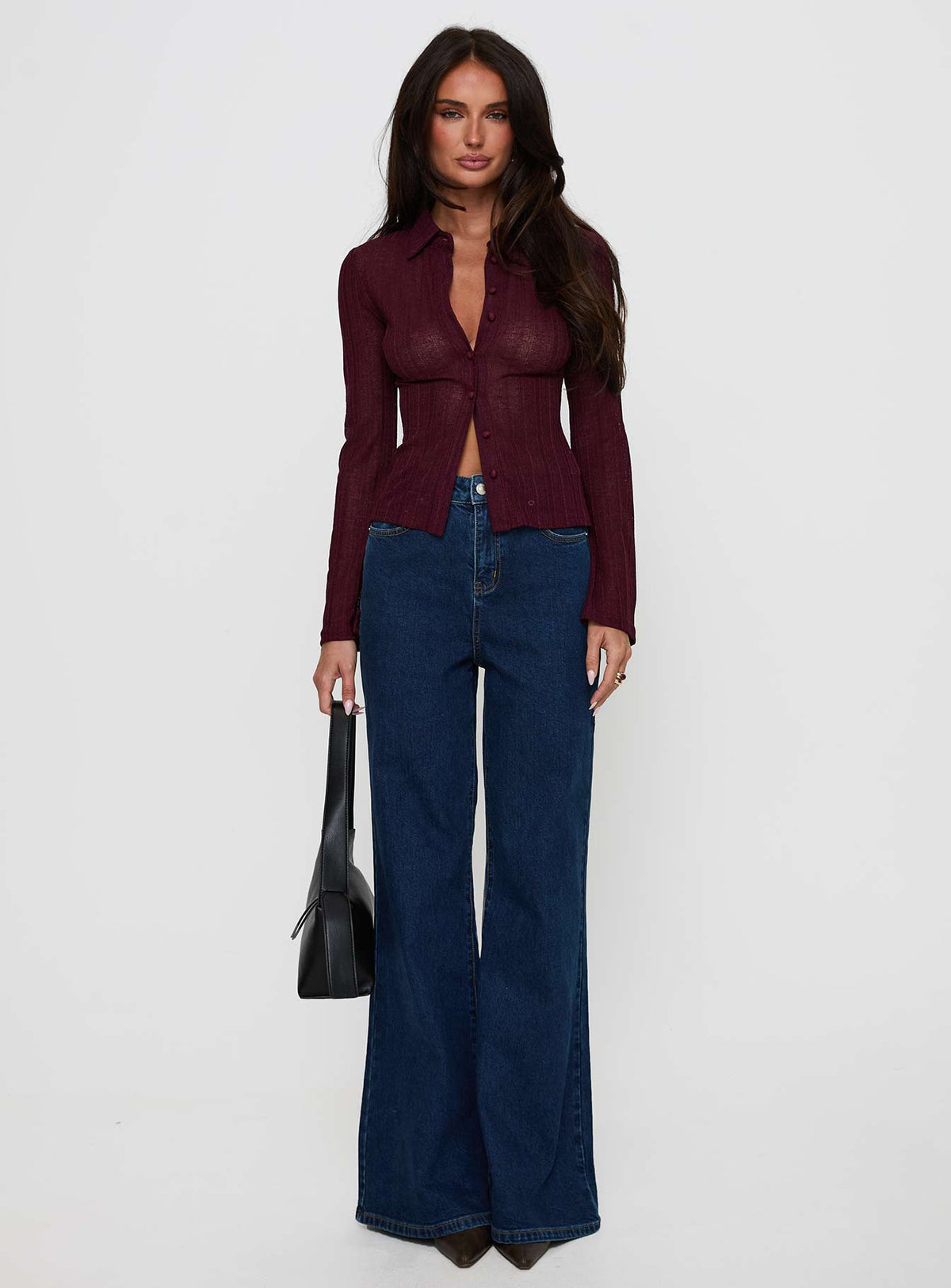 front view of model wearing Princess Polly When You Sleep Long Sleeve Top Wine Full Sleeves V-Neck 