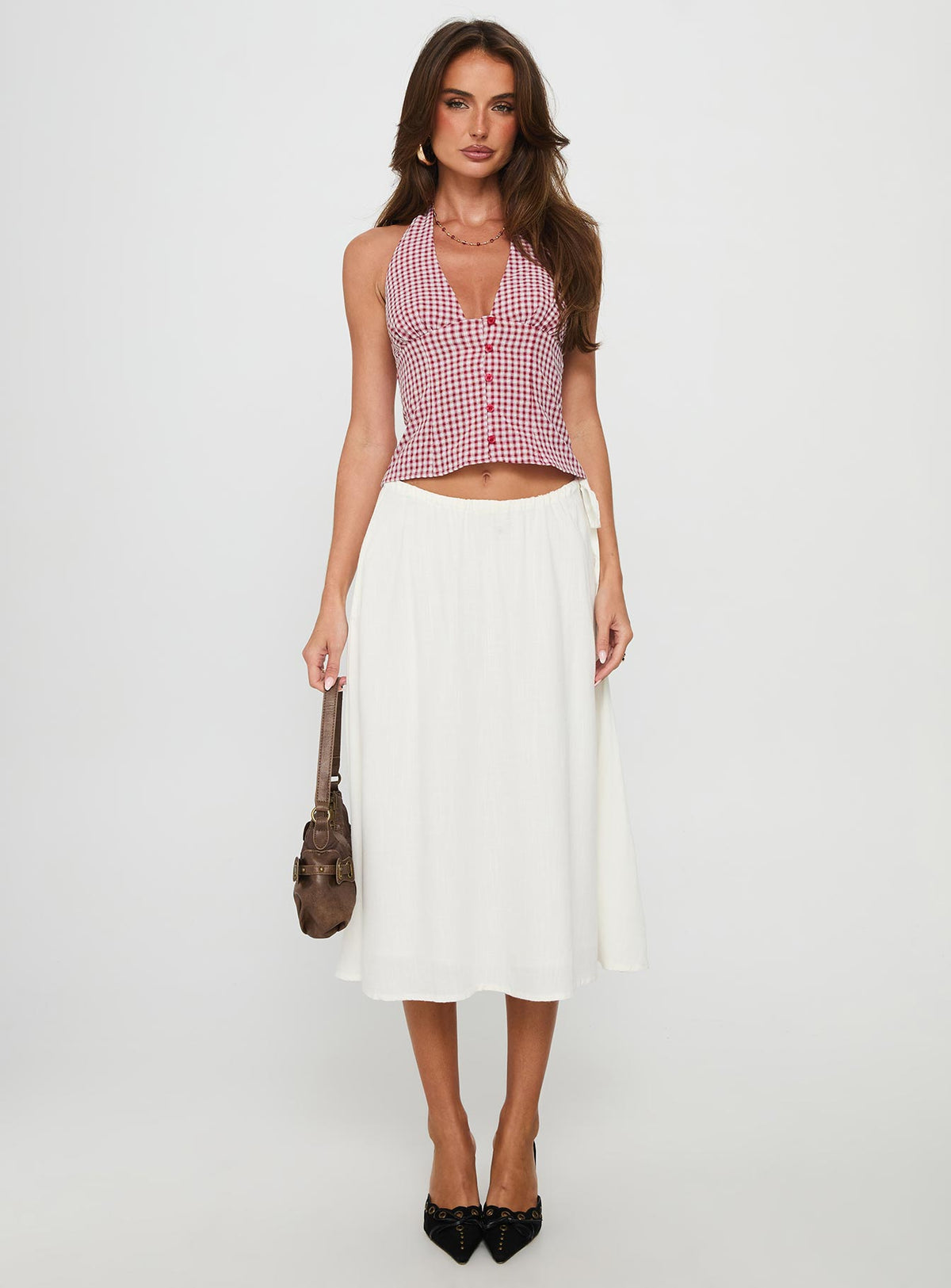   front view of model wearing Princess Polly Persuasion Tie Side Midi Skirt White Midi Skirts Skirts 